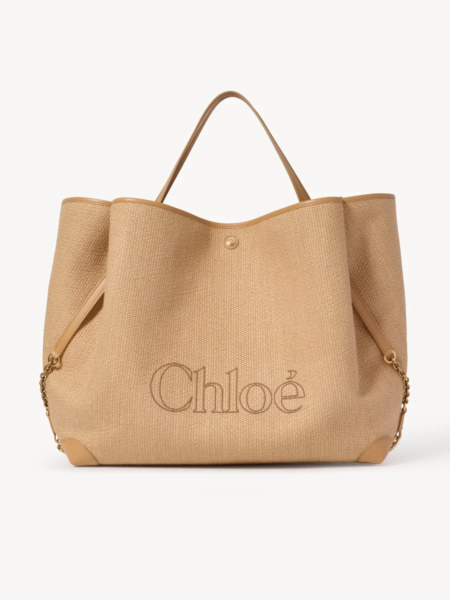 끌로에 라피아 효과 섬유 라지 Chloé Clover 더블 캐리 백 Bleached Brown 제품 사진 끌로에 라피아 효과 섬유 라지 Chloé Clover 더블 캐리 백 Bleached Brown 제품 사진